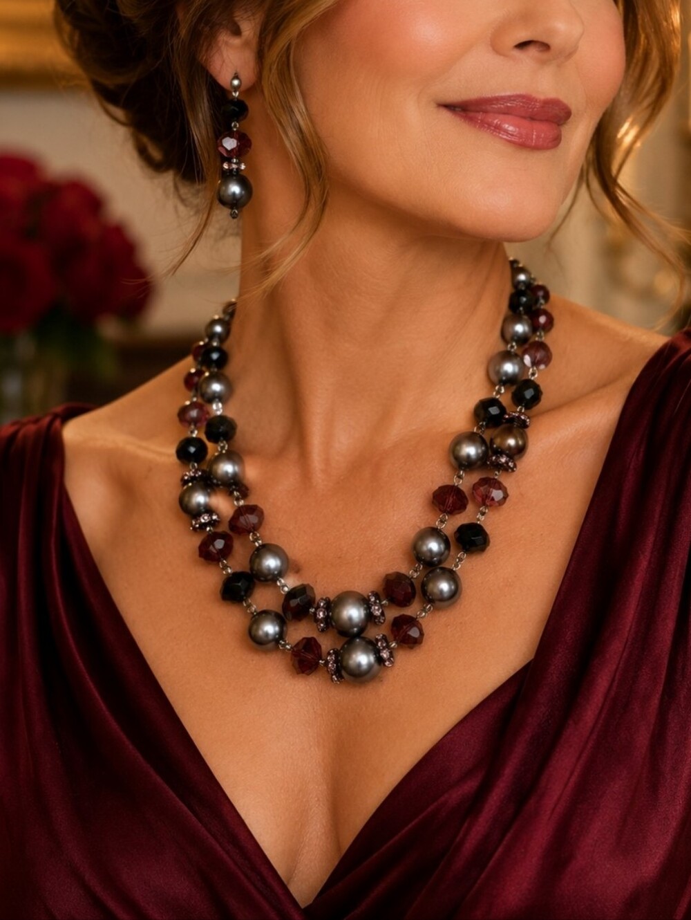 Trifari Crown Logo Glass Faceted Purple Beads Dark Gunmetal Dual Strand Necklace